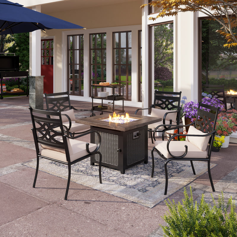 PHI VILLA 5-Piece 50000BTU Square Fire Pit Table & Steel Fixed Chairs