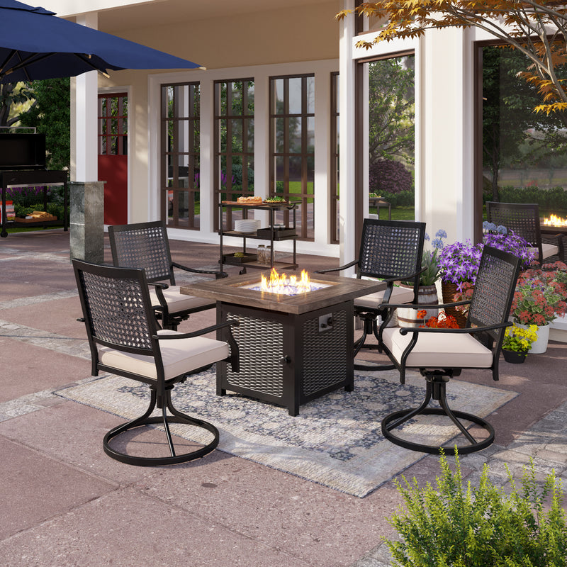 PHI VILLA 5-Piece 50000BTU Square Fire Pit Table with Lid & Steel Swivel Chairs