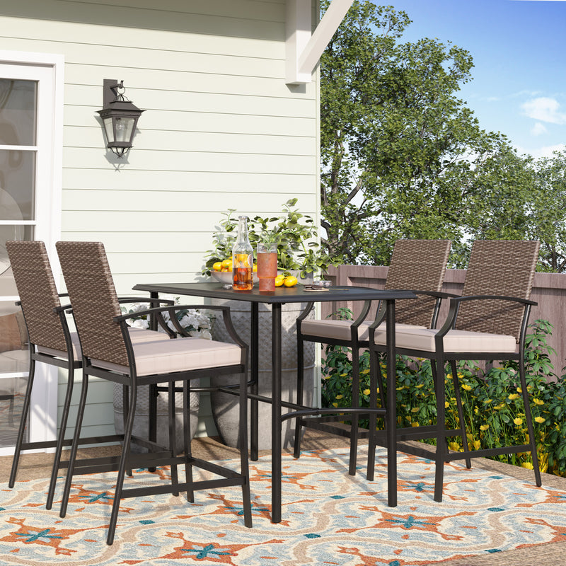 PHI VILLA 5 Piece Patio Bar Stool Set with Rectangle Table & 4 Bar Stools