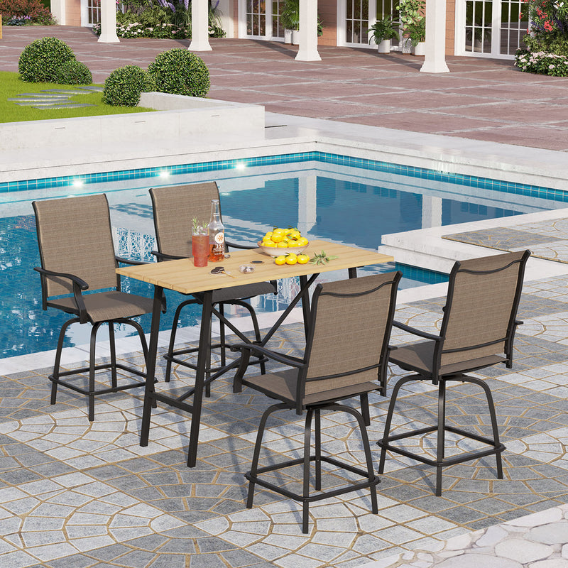 PHI VILLA 5 Piece Outdoor Bar Stool Set with Rectangle Table & Textilene Swivel Bar Stools