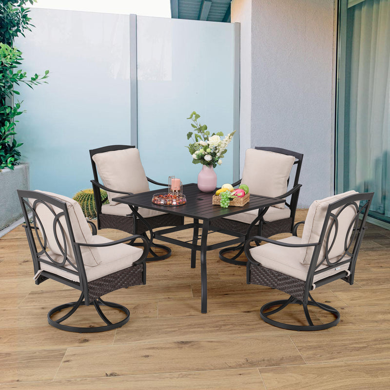 PHI VILLA 5-Piece Outdoor Dining Set 4 Cushioned Swivel Chairs and Square Table 