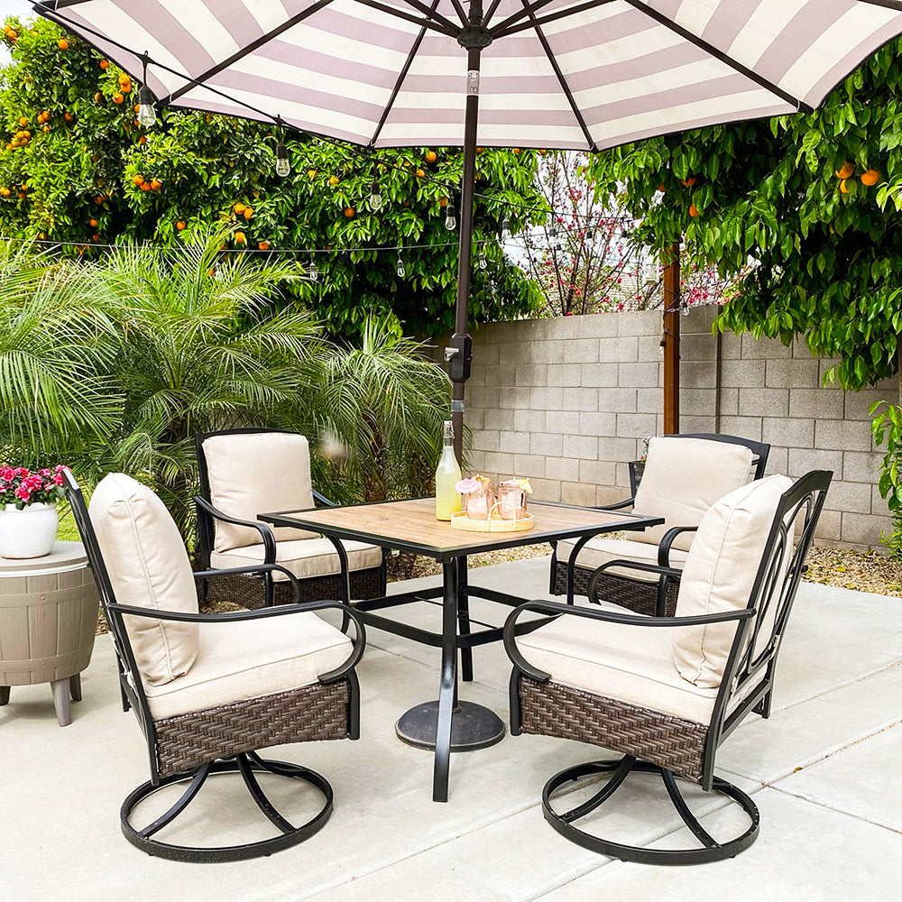 5 piece patio dining set with umbrella Outsunny 38" Round Table Hole, Tempered Glass Outdoor Table, Black The set FEATURES a sleek and modern black square table with a distinctive slat tabletop design that adds a touch of sophistication to your outdoor space 5 Piece Outdoor Dining Set