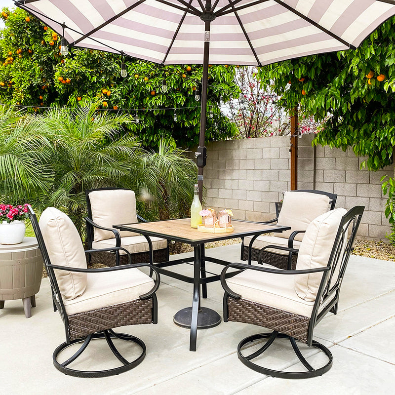 PHI VILLA 5-Piece Outdoor Dining Set 4 Cushioned Swivel Chairs and Square Table