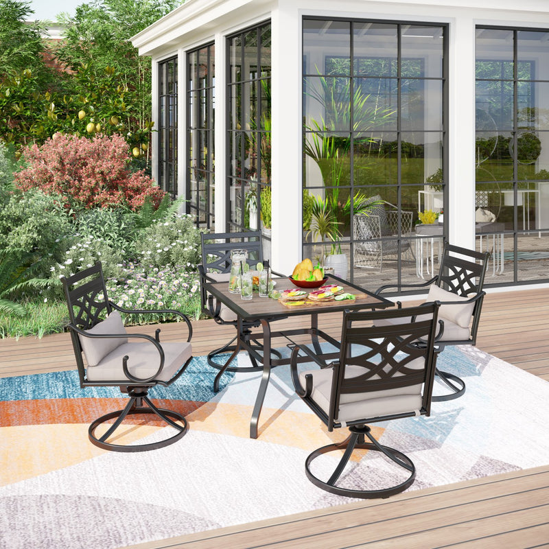 PHI VILLA 5-Piece Outdoor Dining Set 4 Swivel Steel Chairs and Square Table