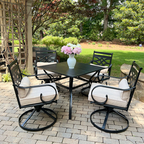 PHI VILLA 5-Piece Outdoor Dining Set 4 Swivel Steel Chairs and Square Table