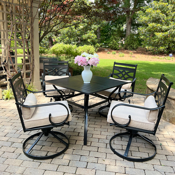 PHI VILLA 5-Piece Outdoor Dining Set 4 Swivel Steel Chairs and Square Table
