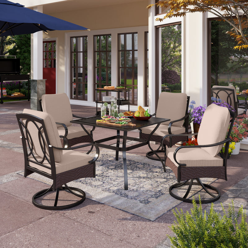 PHI VILLA 5-Piece Outdoor Dining Set 4 Cushioned Swivel Chairs and Square Table