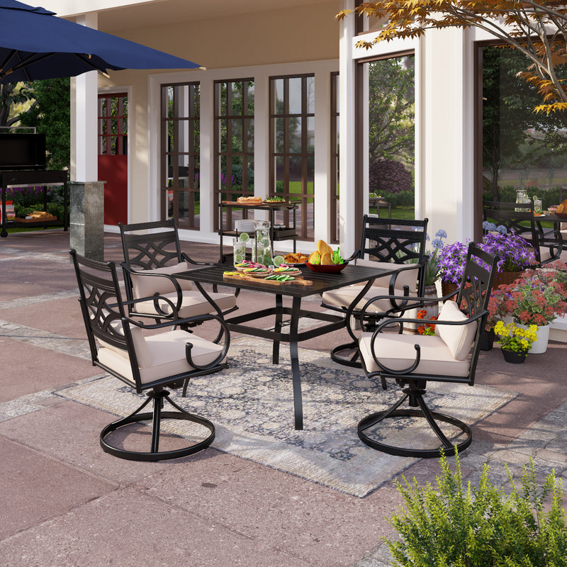 PHI VILLA 5-Piece Outdoor Dining Set 4 Swivel Steel Chairs and Square Table