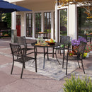 PHI VILLA 5-Piece Outdoor Dining Set 4 Patterned Stackable Chairs and Steel Slat Round Table