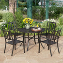PHI VILLA 5-Piece Outdoor Dining Set 4 Patterned Stackable Chairs and Steel Slat Round Table