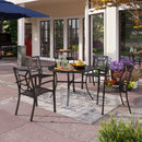 PHI VILLA 5-Piece Outdoor Dining Set 4 Patterned Stackable Chairs and Steel Slat Round Table