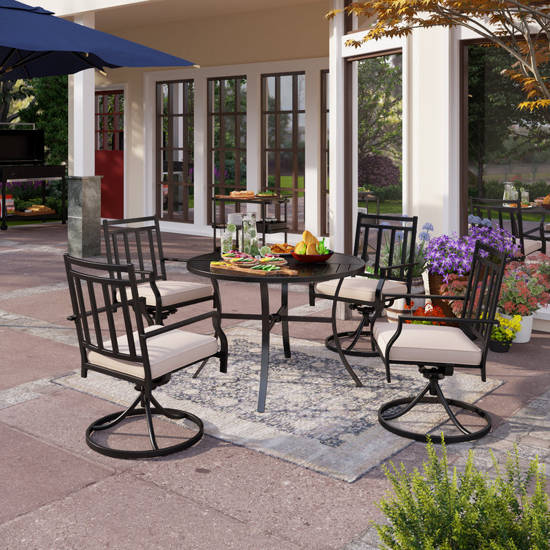 PHI VILLA 5-Piece Outdoor Dining Set 6 Swivel Chairs and Round Steel Slat Table