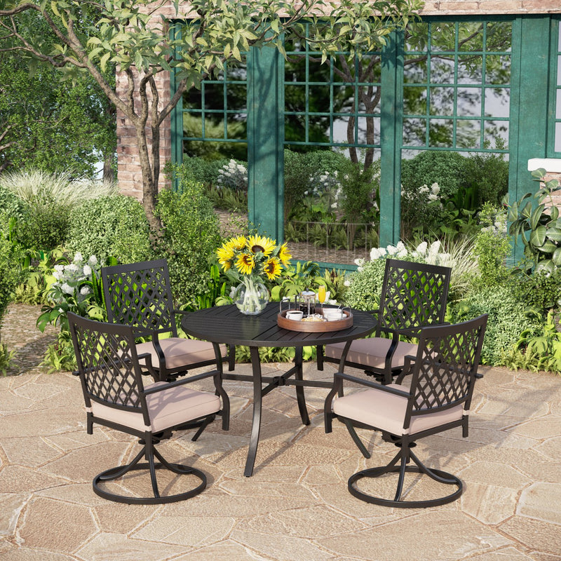 PHI VILLA 5-Piece Outdoor Dining Set 6 Swivel Chairs and Round Steel Slat Table