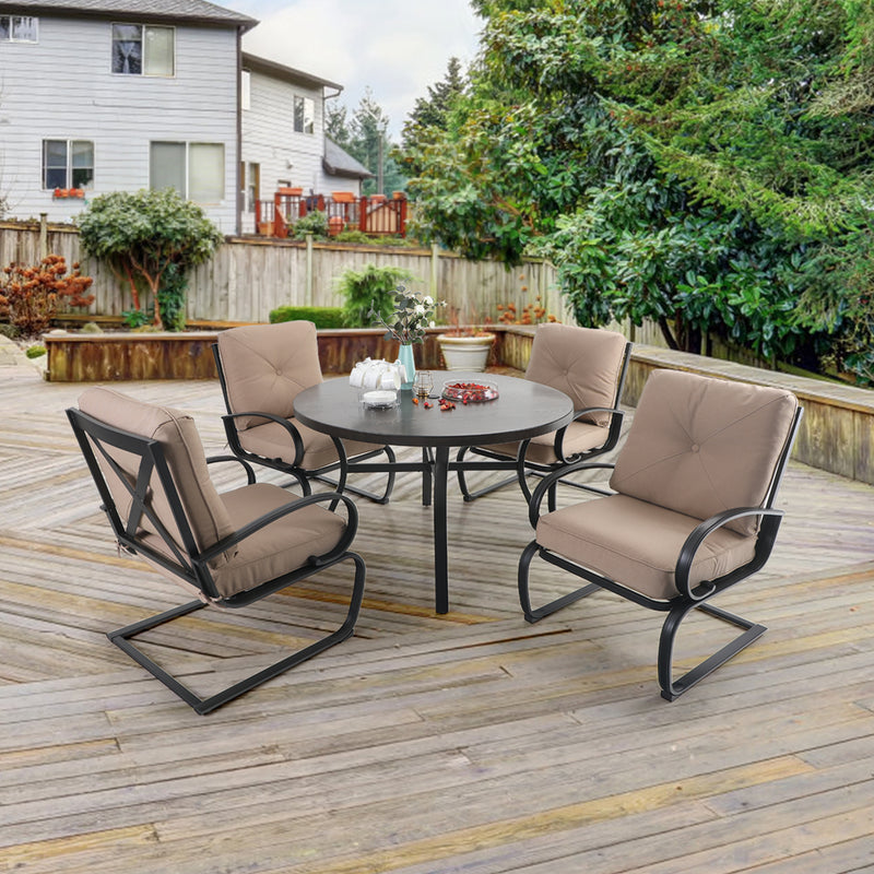 PHI VILLA 5-Piece Outdoor Dining Set With Steel Square Table & 4 C-Spring Cushioned Chairs