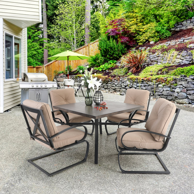 PHI VILLA 5-Piece Outdoor Dining Set With Steel Square Table & 4 C-Spring Cushioned Chairs