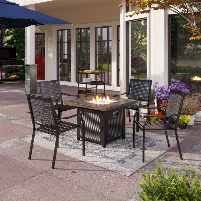 PHI VILLA 5-Piece Outdoor Steel Fixed Chairs & 50000BTU Square Fire Pit Table with Lid