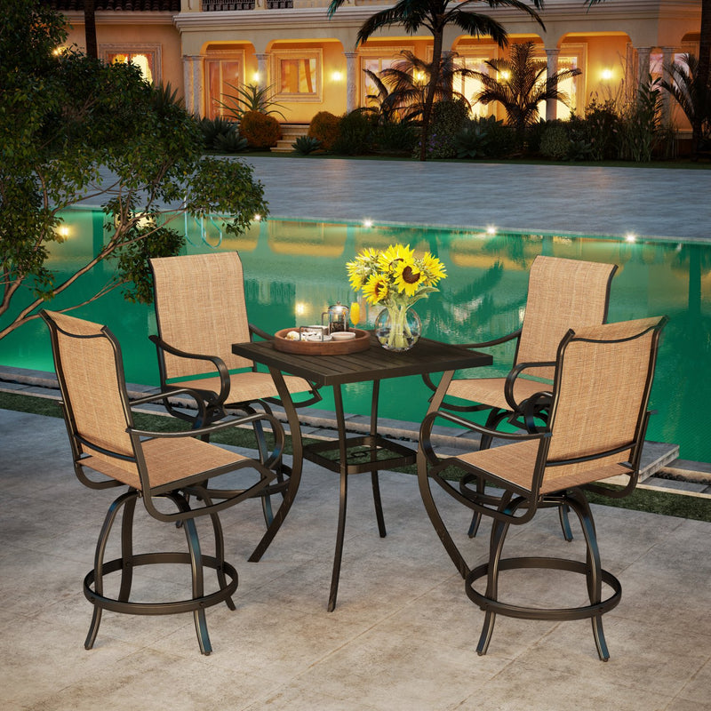 PHI VILLA 5-Piece Patio Bar Set With 4 Swivel Textilene Bar Stools & 1 Steel Table