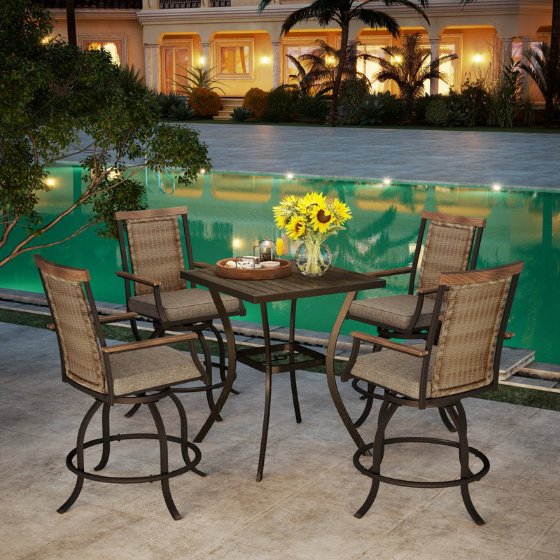PHI VILLA 5-Piece Patio Bar Set With 4 Swivel with Rattan Bar Stools &  1 Steel Table