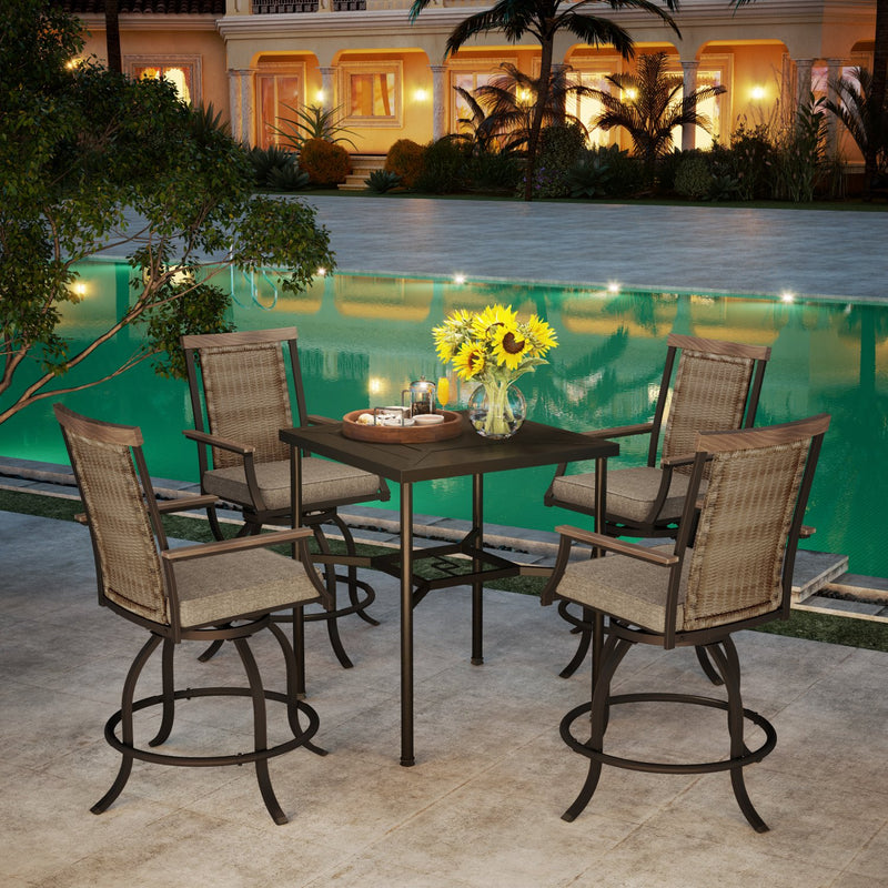 PHI VILLA 5-Piece Patio Bar Set With 4 Swivel with Rattan Bar Stools &  1 Steel Table