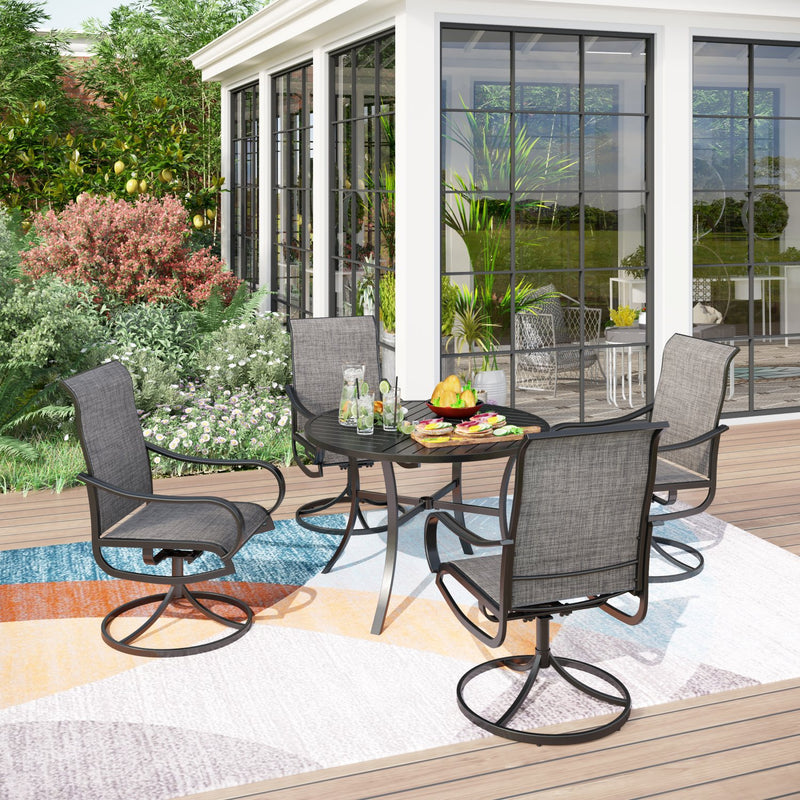 PHI VILLA 5-Piece Outdoor Dining Set Slat Steel Round Table & Textilene Swivel Chairs