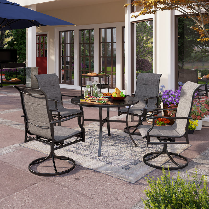 PHI VILLA 5-Piece Patio Dining Set Slat Steel Round Table & Textilene Swivel Chairs