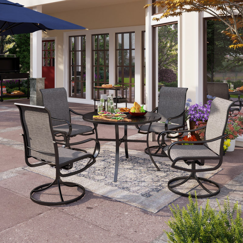 PHI VILLA 5-Piece Outdoor Dining Set Slat Steel Round Table & Textilene Swivel Chairs
