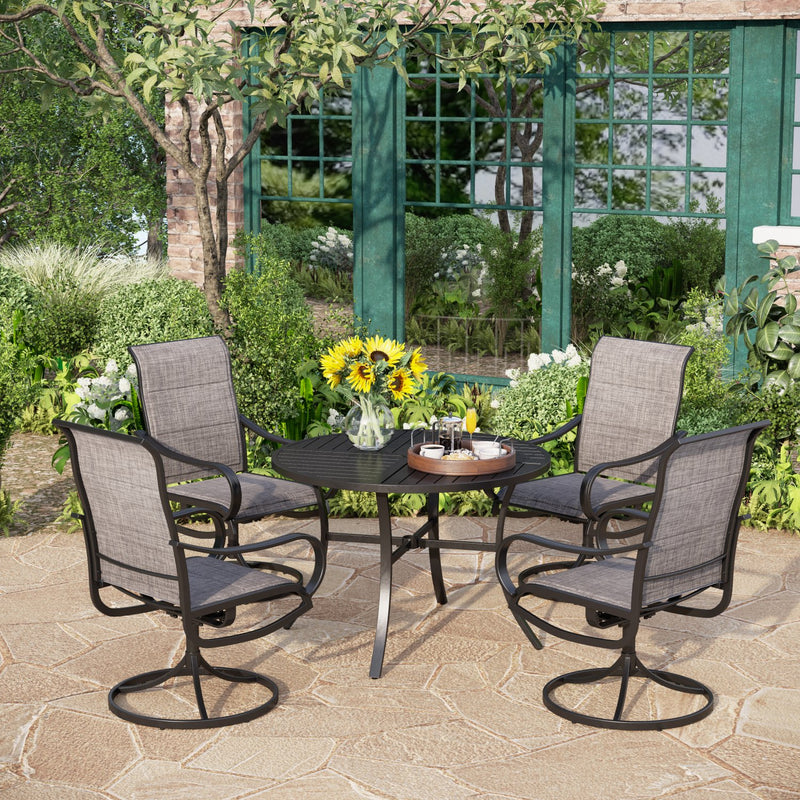 PHI VILLA 5-Piece Patio Dining Set Padded Textilene Swivel Chairs & Slat Steel Round Table