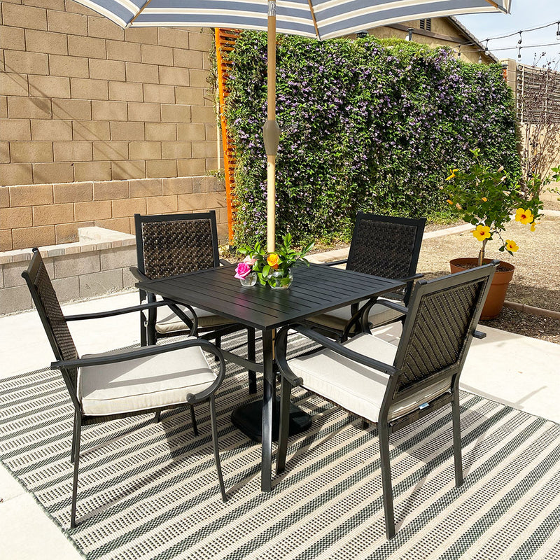PHI VILLA 5-Piece Patio Dining Set with 4 Rattan Dining Chairs & Steel Square Table