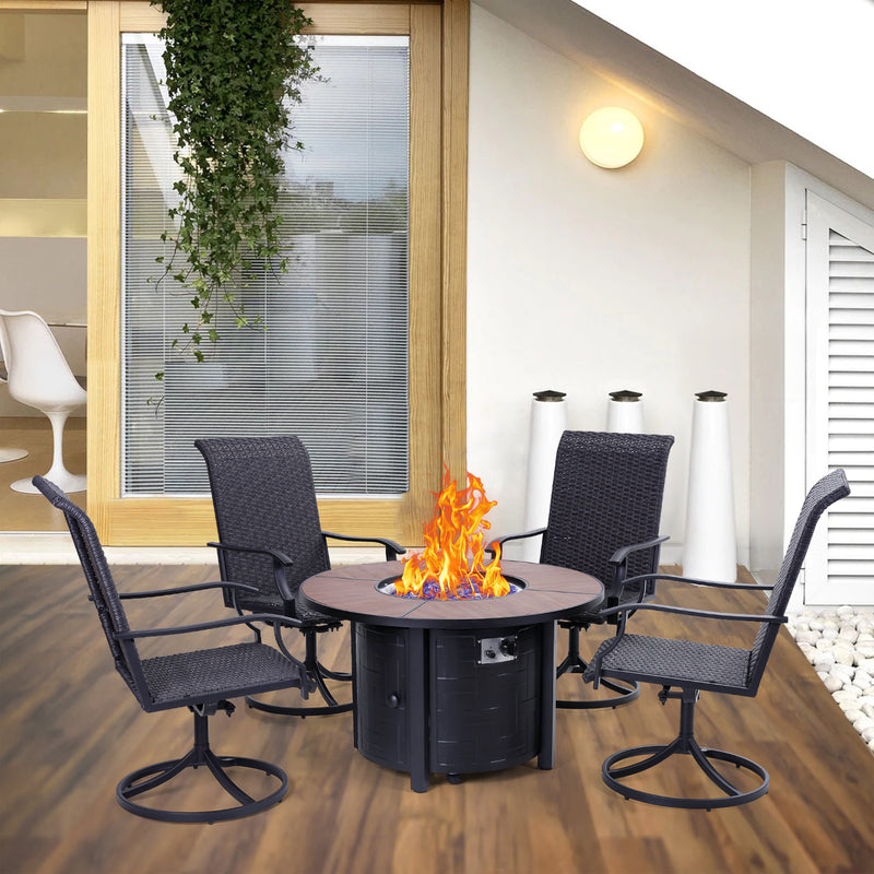 PHI VILLA 5-Piece Patio Fire Pit Set Rattan Swivel Chairs & Propane Steel Round Fire Pit With Lid