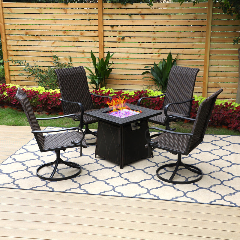 PHI VILLA 5-Piece Patio Fire Pit Set Rattan Swivel Chairs & 50,000BTU Square Fire Pit Table With Lid