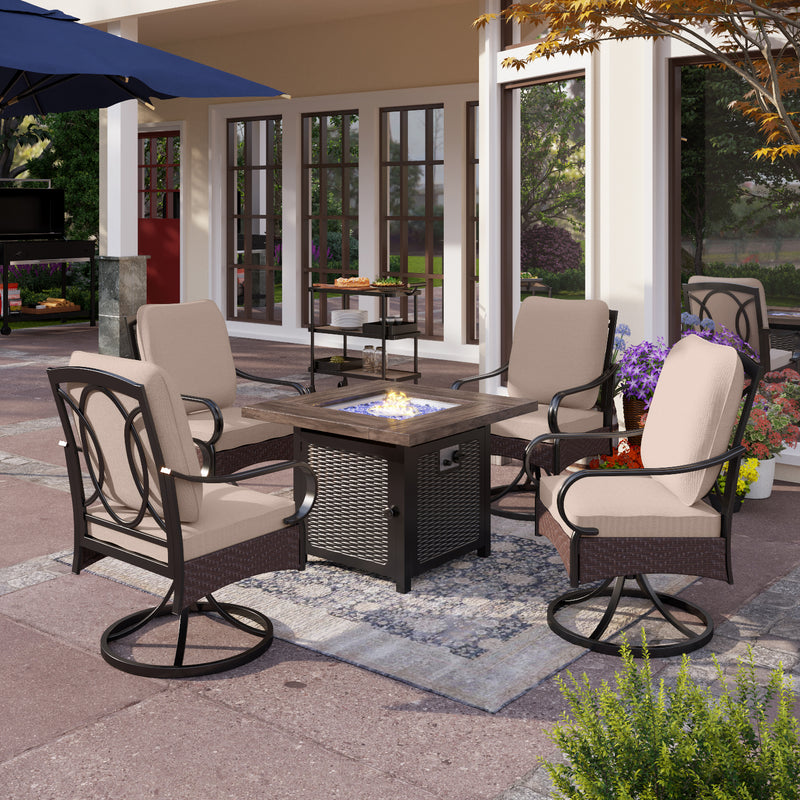 PHI VILLA 5-Piece Outdoor Fire Pit Set 4 Steel &Rattan Chairs and 50,000BTU Square Fire Pit Table