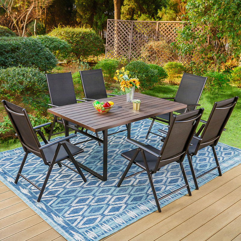 PHI VILLA 7 PCS Outdoor Dining Set 6 Adjustable Folding Sling Chair & Rectangle Dining Table