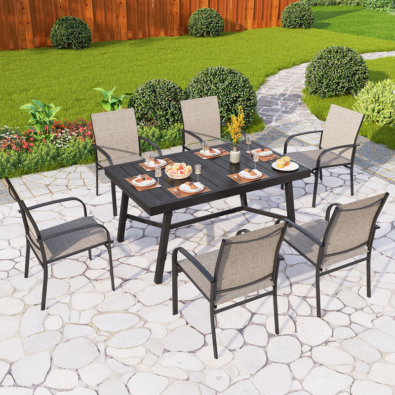 PHI VILLA 7 PCS Outdoor Dining Set 6 Textilene Fixed Chairs & Adjustable Table