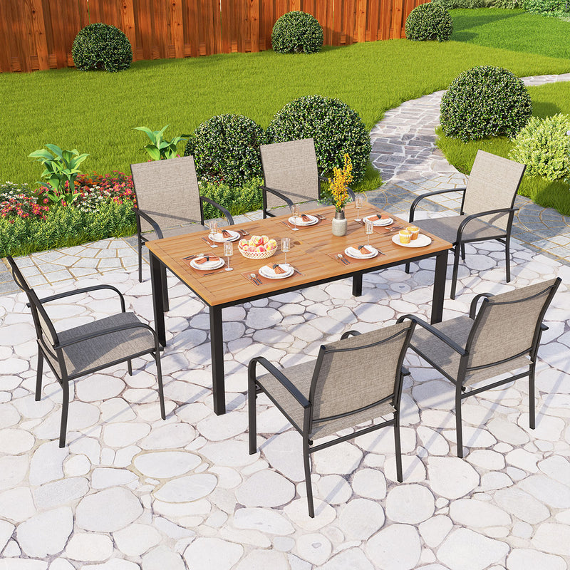 PHI VILLA 7 PCS Outdoor Dining Set 6 Textilene Fixed Chairs & Rectangle Table