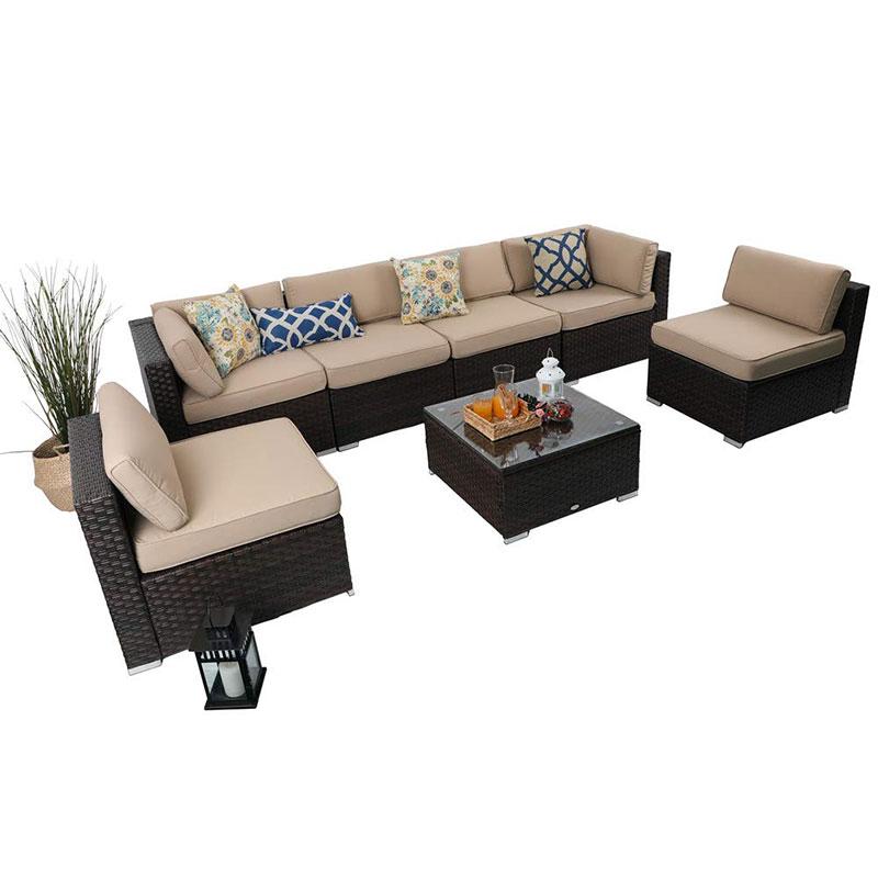 PHI VILLA 7-Piece Patio U-Shaped Rattan Sectional Sofa Set With Cushions