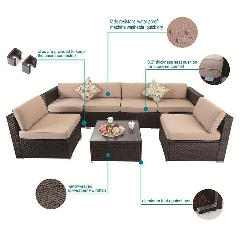 PHI VILLA 7-Piece Patio U-Shaped Rattan Sectional Sofa Set With Cushions