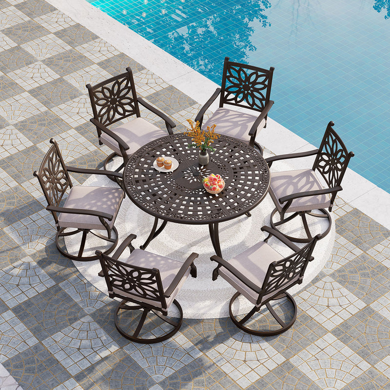 PHI VILLA 7 Piece Cast Aluminum Outdoor Dining Set with Swivel Chair & Dining Table