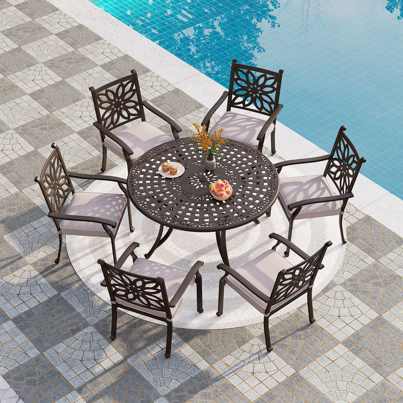 PHI VILLA 7 Piece Cast Aluminum Patio Dining Set with Fixed Chair & Dining Table