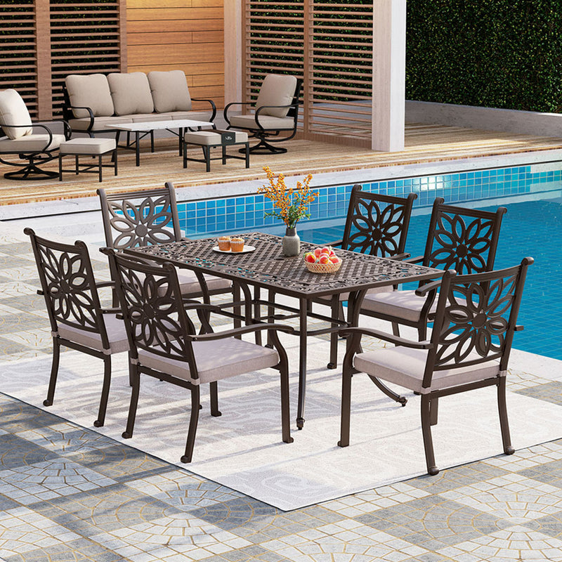 PHI VILLA 7 Piece Cast Aluminum Patio Dining Set with Fixed Chair & Dining Table