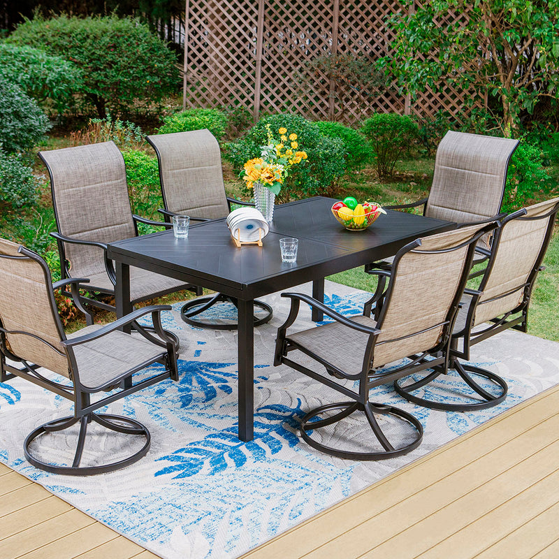 PHI VILLA 7-Piece/9-Piece Patio Dining Set with Extendable Table & Wave Arm Padded Textilene Swivel Chairs