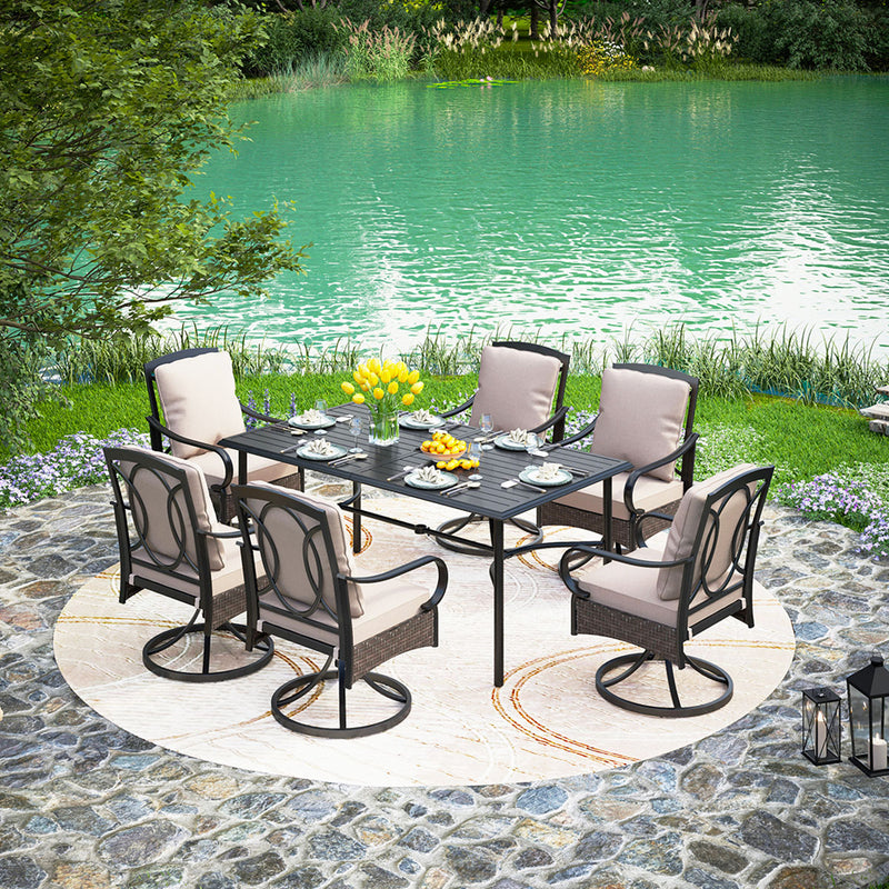PHI VILLA 7-Piece Patio Dining Set With 6 Cushioned Steel & Rattan Chairs and Rectangle Table