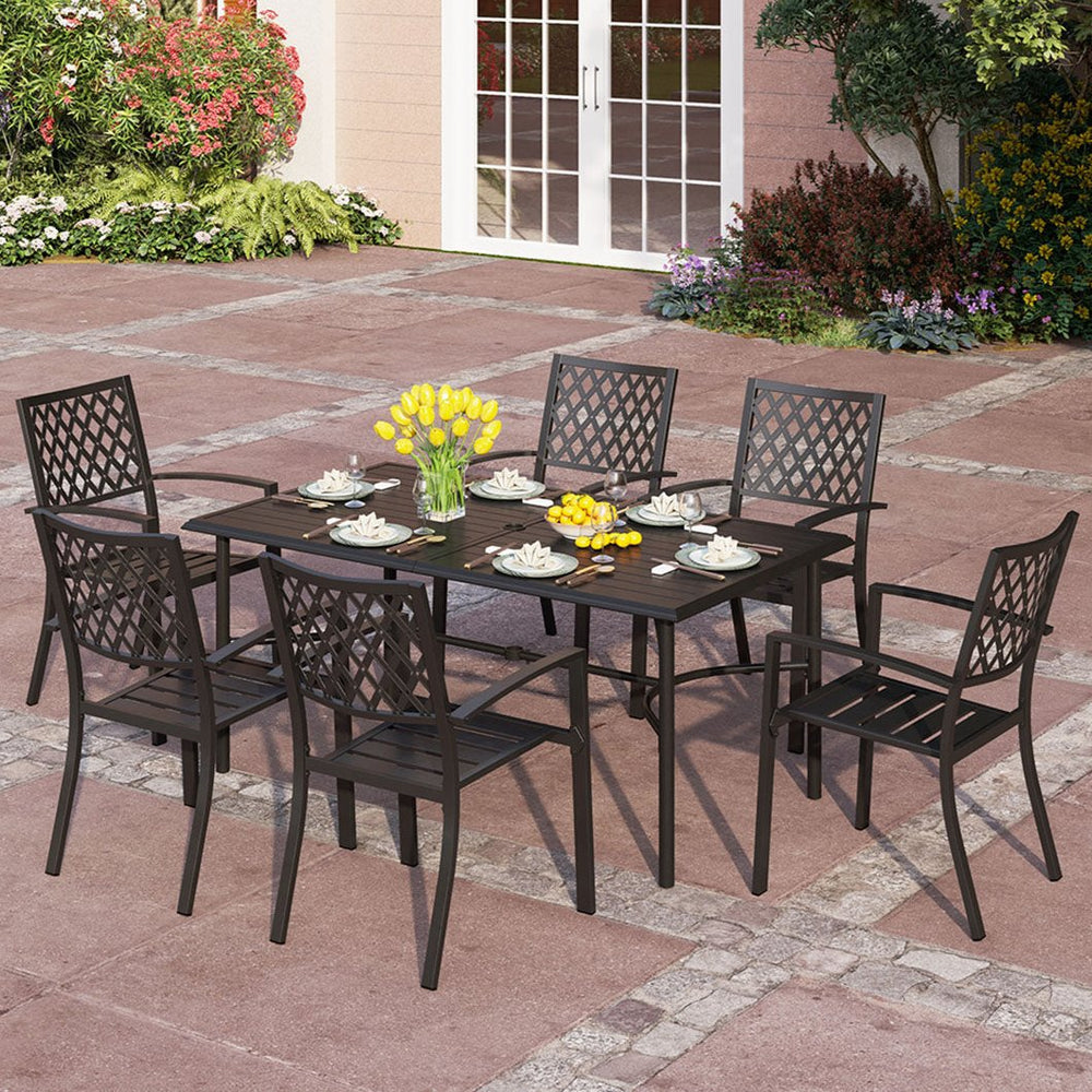 PHI VILLA 7-Piece Patio Dining Set 6 Fixed Stackable Chairs and Steel Rectangle Table