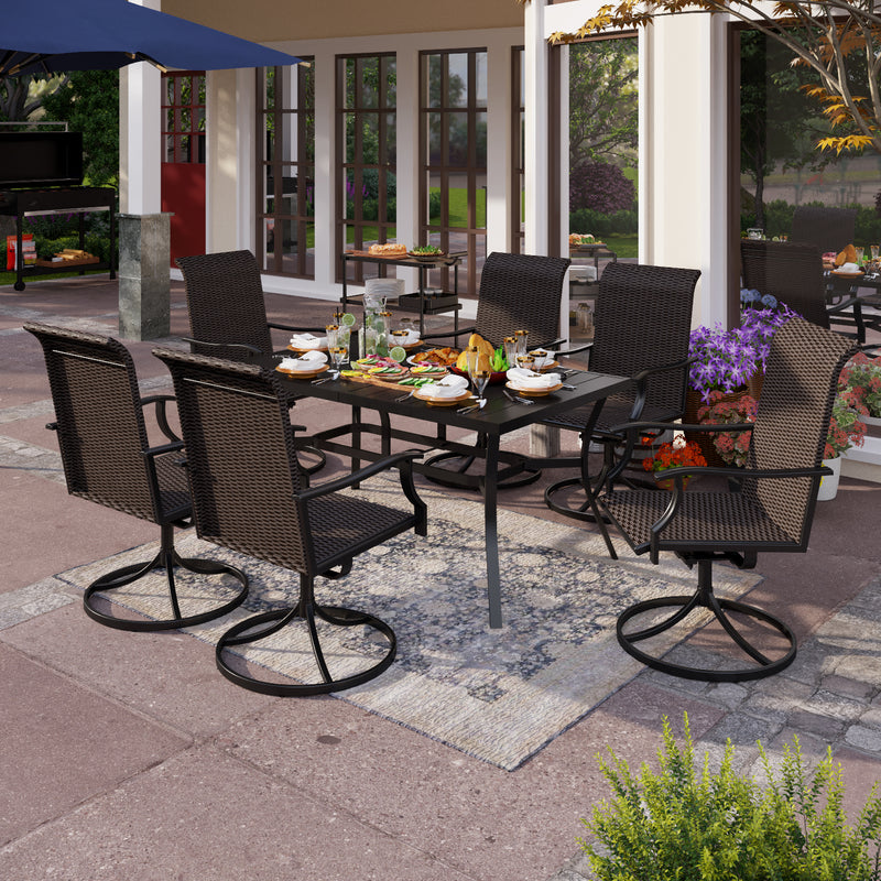 PHI VILLA 7-Piece Patio Dining Set Steel Panel Table & 6 Rattan Swivel Chairs
