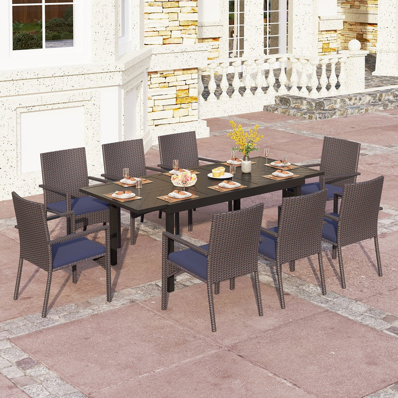 PHI VILLA 7 piece/ 9 piece Outdoor Dining Set With Rattan Cushioned Chairs & Extendable Steel Table