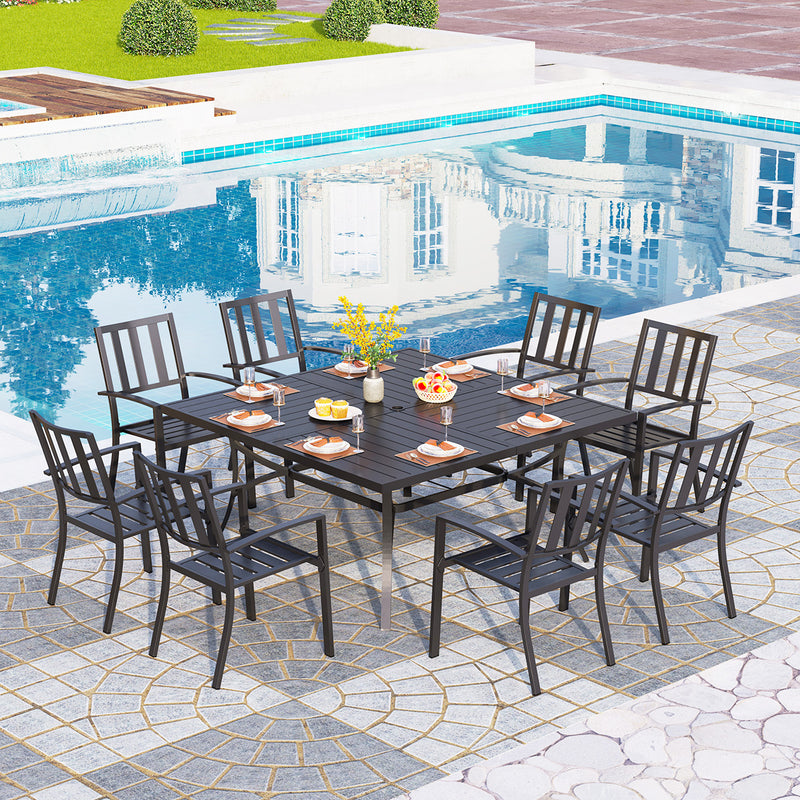 PHI VILLA 9 PCS Outdoor Dining Set with Large Square Table & 8 Steel Fixed Chairs