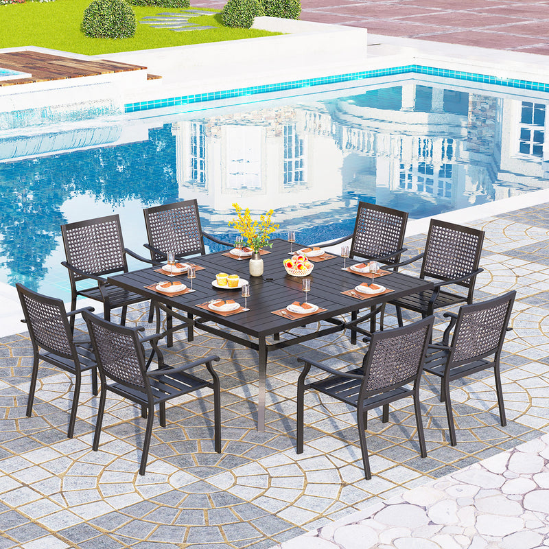 PHI VILLA 9 PCS Outdoor Dining Set with Large Square Table & 8 Steel Fixed Chairs