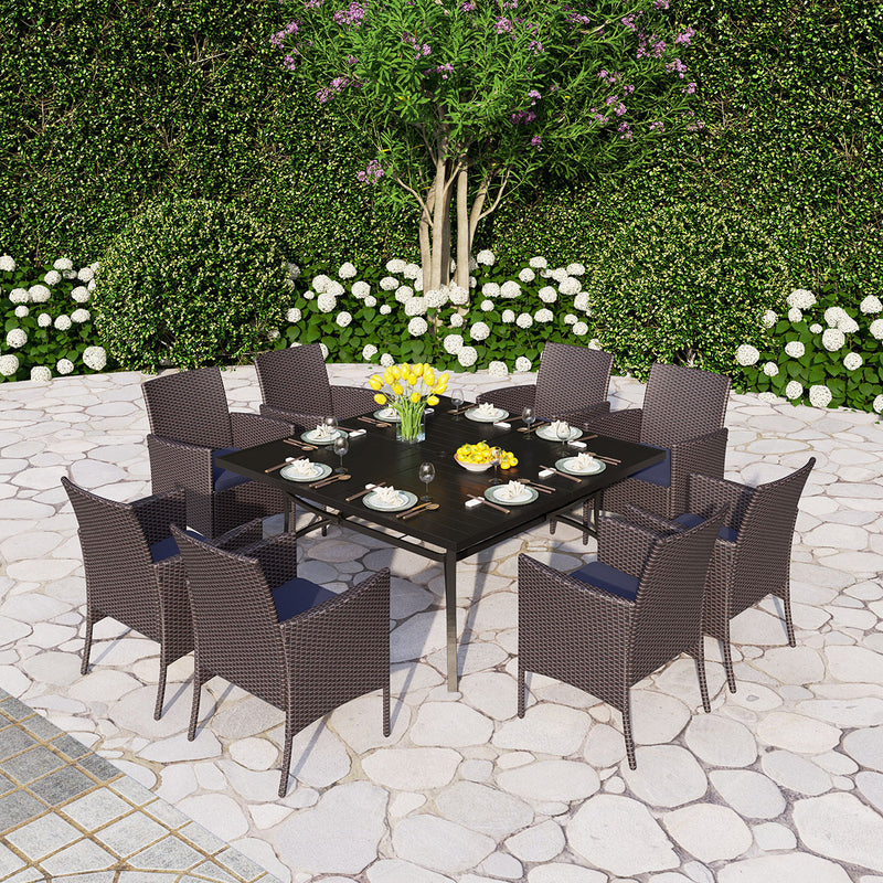 PHI VILLA 9 PCS Patio Dining Set with Large Square Table & 8 Rattan Chairs