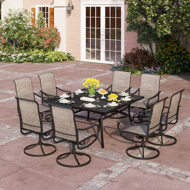 PHI VILLA 9 PCS Patio Dining Set with Large Square Table & 8 Textilene Swivel Chairs