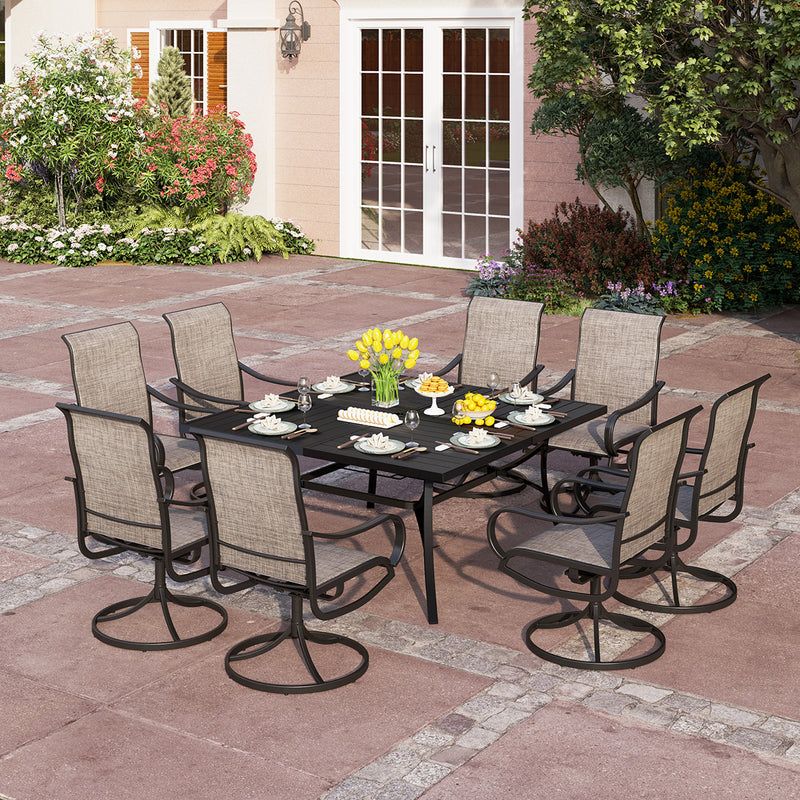 PHI VILLA 9 PCS Patio Dining Set with Large Square Table & 8 Textilene Swivel Chairs
