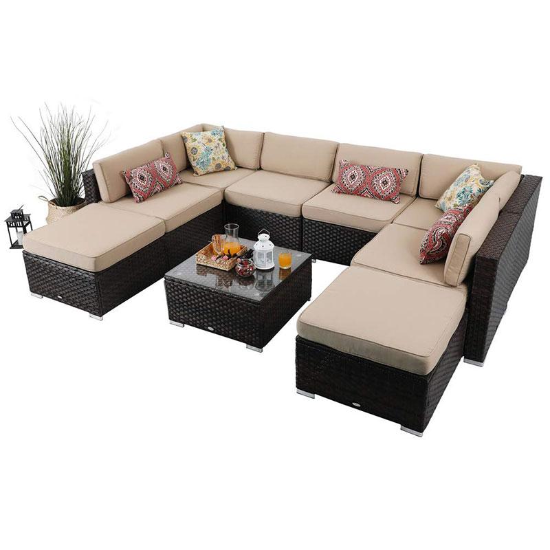 PHI VILLA 9-Piece Patio Rattan Sectional Sofa Set With Cushions